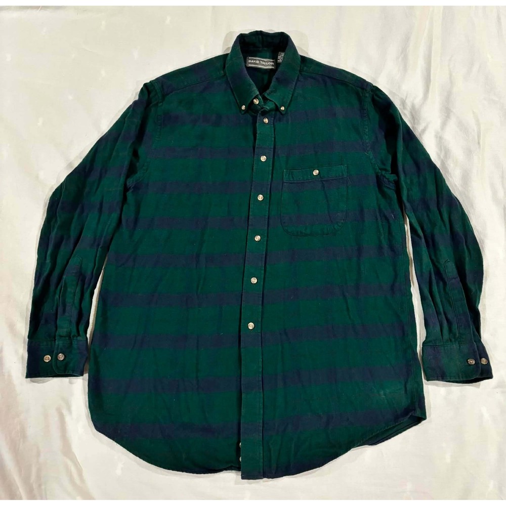 David Taylor Mens Tall‎ Large Green Navy Blue Striped Flannel Shirt Cotton